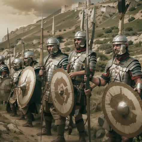 photography of a crowd of soldiers wearing linothorax armor and feathered helmet and greaves and sandals, standing on a hill, dr...