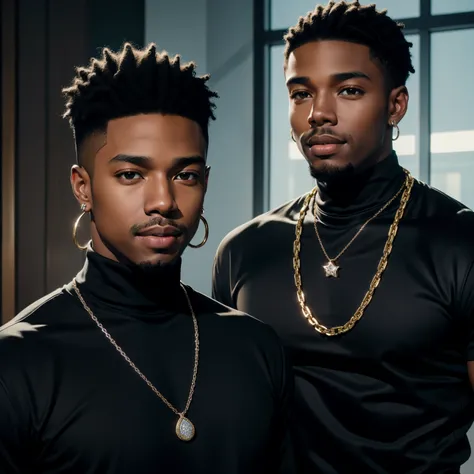 young beautiful black man, 17 years, like Miguel B. Jordan smiling with diamond earrings on his ears and a rapper chain around his neck wearing an open-faced black boon and a turtleneck T-shirt. Luxurious and charismatic character.