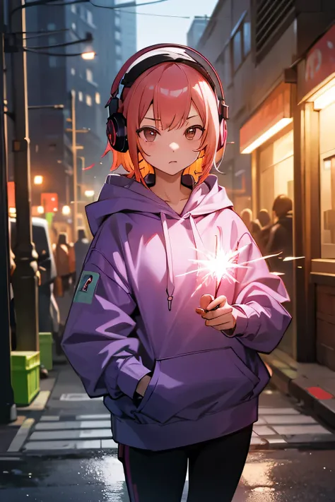 masutepiece, full body Esbian、Girl alone, Solo, Looking at the camera、Incredibly absurd, Hoodie, headphones, Street, plein air, neons,sparklers