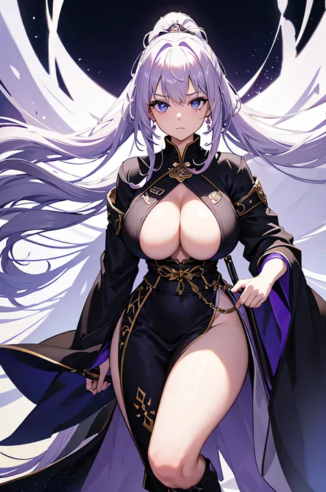 4K,hight resolution,One Woman,White purple hair,Long ponytail,Blue eyes,Colossal tits,black knight dress,Brown Long Boots,jewel decorations,Big Japan Sword,Medieval castle town