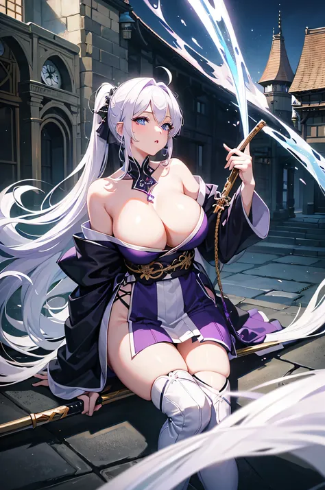 4K,hight resolution,One Woman,White purple hair,Long ponytail,Blue eyes,Colossal tits,black knight dress,Brown Long Boots,jewel decorations,Big Japan Sword,Medieval castle town