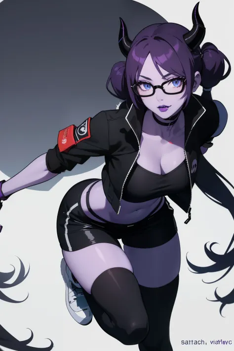 (((purple skin))) ((best quality)), ((masterpiece)), (detailed), perfect face ,solo“drawing of a tiefling woman with (black horns), black lipstick, ((blue eyes)), (Black twintails hair), black Tactical short sleeved crop (jacket) (techwear) , shorts and th...