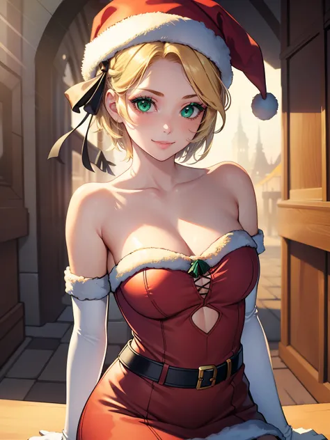 1girl, solo, masterpiece, best quality, high res, highly detailed, (illustration), beautiful detailed eyes, warIngrid, short hair, hair ribbons, green eyes ,glossy lips, makeup, smile, long white elbow gloves, cowboy shot, (santa), red santa dress, santa h...