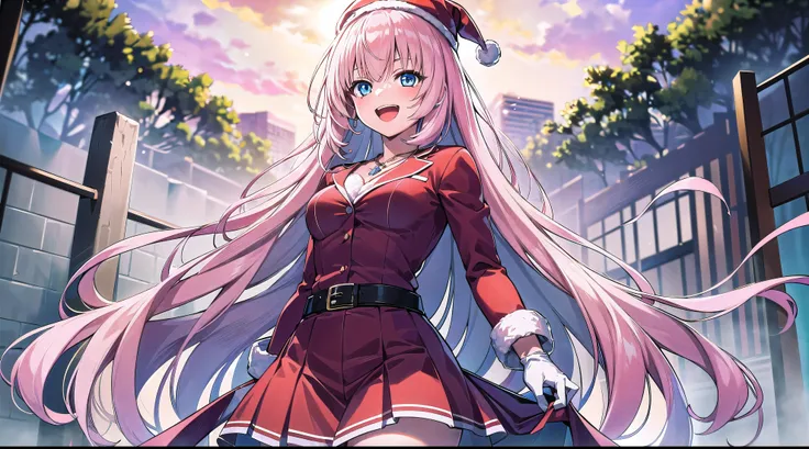 1girl, Ichinose Honami,riendo feliz y es Navidad y has decidido pasarla al aire libre, disfrutando de la naturaleza y la nieve. a red dress with a white belt, botas negras, white gloves and christmas hat. She also wears a necklace with a snowflake-shaped p...
