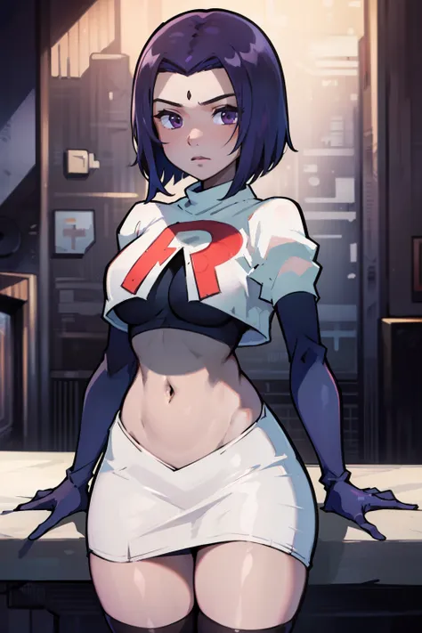 (masterpiece, best quality, ultra-detailed), RavenTT, short hair, purple eyes, (grey skin),team rocket,team rocket uniform, red letter R, white skirt,white crop top,black thigh-highs,black elbow gloves