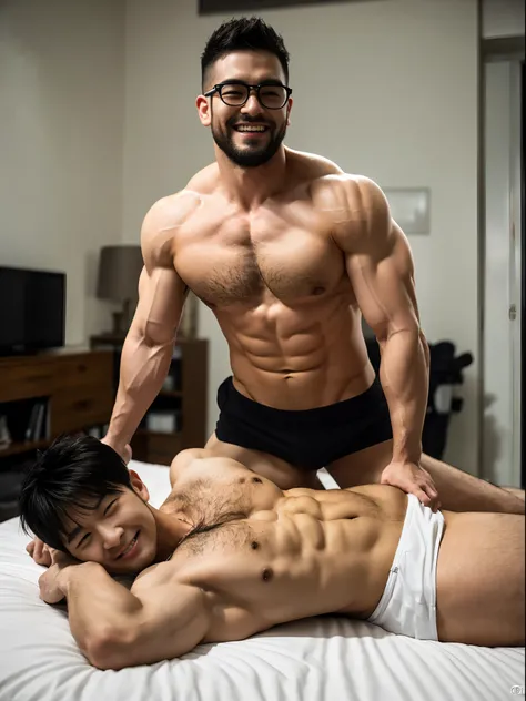 Realistic style，An Asian man，Small round face，Single Eyelids，Its kind of cute，Slightly fat，Strong flesh，Lipid-wrapped muscle，About 30 years old,Wearing big black frame glasses，Very short hair，tough guy hairstyle，Large long-range shot, Strong and handsome，T...