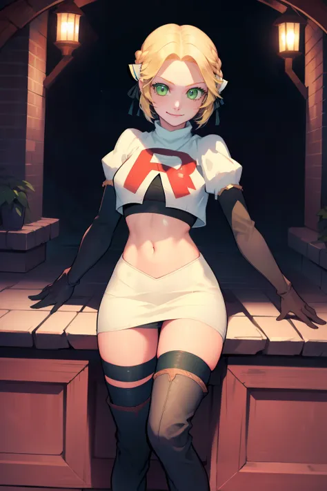 warIngrid, short hair, hair ribbons, green eyes ,team rocket,team rocket uniform, red letter R, white skirt,white crop top,black thigh-high boots, black elbow gloves , looking at viewer, evil smile