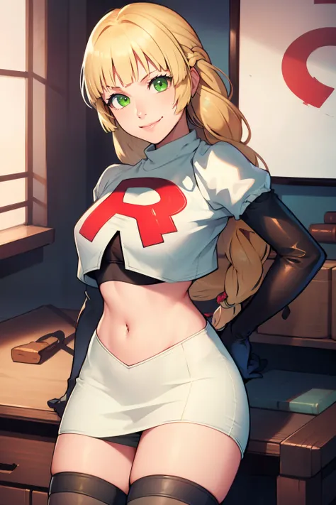 defIngrid, bangs, braided ponytail, green eyes, glossy lips ,team rocket,team rocket uniform, red letter R, white skirt,white crop top,black thigh-high boots, black elbow gloves , looking at viewer, evil smile