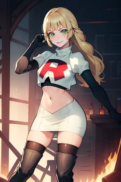 defIngrid, bangs, braided ponytail, green eyes, glossy lips ,team rocket,team rocket uniform, red letter R, white skirt,white crop top,black thigh-high boots, black elbow gloves , looking at viewer, evil smile