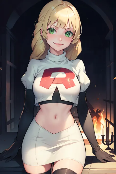 defingrid, bangs, braided ponytail, green eyes, glossy lips ,team rocket,team rocket uniform, red letter r, white skirt,white cr...