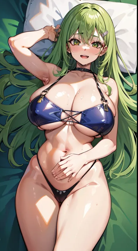 smile,long hair,hair clip,green hair,huge breasts, wide hips,open mouth  ,   ,light,   ,cowboy shot,,,evil smile,on bed,sweat body,wet body,game cg,, cleavage,, solo,navel,lying,,cleavage,suzuya,dakimakura,nsfw