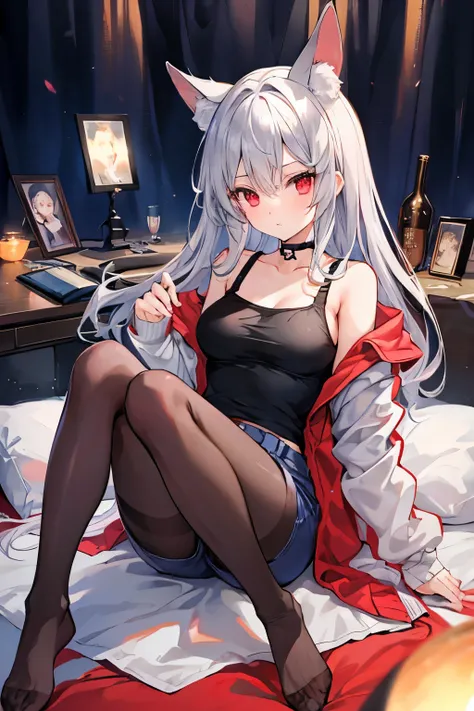 masterpiece, Highest quality, beautiful, high resolution, perfect anatomy, Beautiful gray hair、Beautiful red eyes、Longhaire、Tank tops、shortpants、a choker、 pantyhose, jacket, selfee風、selfee、piece、pieceサイン、 8K、a beauty girl、 Nice、 Beautiful hair、 Beautiful e...