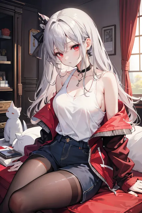 masterpiece, Highest quality, beautiful, high resolution, perfect anatomy, Beautiful gray hair、Beautiful red eyes、Longhaire、Tank tops、shortpants、a choker、 pantyhose, jacket, selfee風、selfee、piece、pieceサイン、 8K、a beauty girl、 Nice、 Beautiful hair、 Beautiful e...