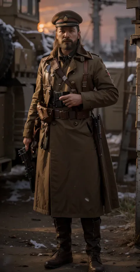 Soldado masculino, adult features russian features, pelo muy corto, Captains cap, Dark brown Soviet style cloth military coat with white details, Harnesses and belts with ammunition, Fundas, lleva un rifle de una sola pistola, she is in the siberian steppe...