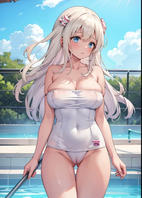 1girl, solo, blush, large breasts, bare arms, wet, pool, strap slip, blue one-piece swimsuit, thighs, arms at sides, bare arms, cowboy shot, standing, ro500, oppai loli, gigantic breasts