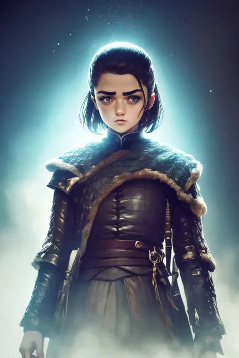 cinematic poster, arte centrada, 1 girl, solo, ((sozinho)), (((only one character))),  arya stark, rosto de maisie williams, ros...