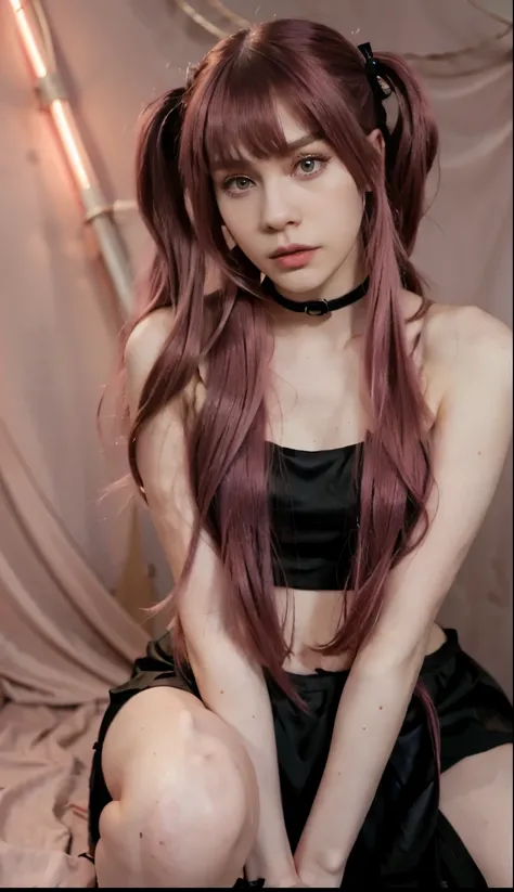 woman long slim face with magenta pink eyes and really pale skin and really long magenta hair in side twintails long hime fringe swooped side bang and a pink tube crop top and a black tight mini skirt and black platform heels