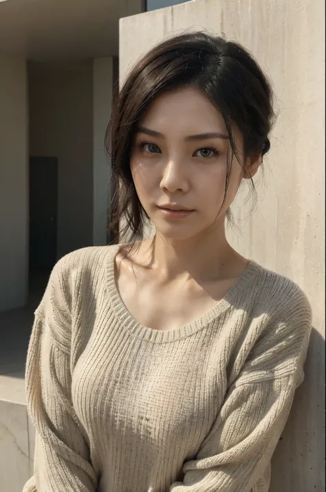 high angle photo of a 35 years old Chinese woman in the style of fashion, realistic skin texture, looks down, sweater, posing, thin face, black hair.