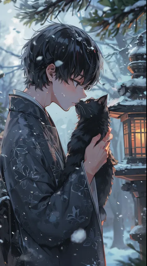 Handsome young man celebrating new year in traditional Japanese atmosphere. The moment just before picking up a black cat and kissing it. quiet garden covered in snow. In the garden there is a small pine tree and a snow-capped stone lantern., Softly illumi...