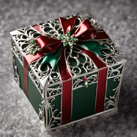 Masterpiece in maximum 16K resolution. | A close up of a delicate silver necklace nestled inside an open Christmas box. | The box has festive red and green striped wrapping paper, and a shiny golden bow carefully tied around it. | The necklace features a s...