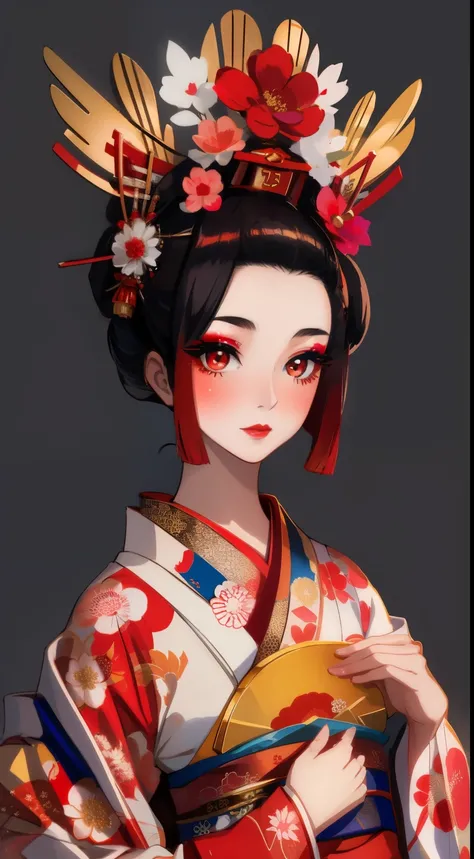 Alafi wearing a kimono with a red flower headpiece, geisha make up, portrait of geisha画, geisha make up, portrait of geisha, beauty geisha, japanese geisha, glamorous and sexy geisha, 美しいportrait of geisha画, portrait of geisha, geisha hairstyle, remarkable...