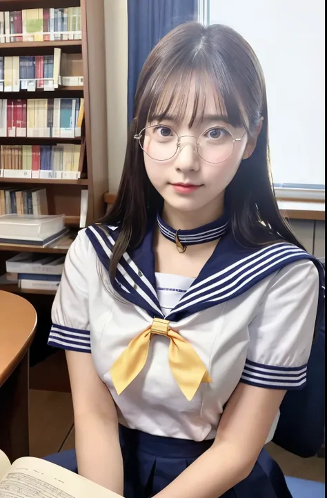 ((top-quality、超A high resolution))、(Photorealsitic:1.4)、 a picture （1 japanese girl）、hi-school girl、((bangss))、student clothes (((Sailor collar))) 、big eye、White shirt、short sleeve skirt、pleatedskirt、Black Thigh High Sock Library、Sunlight coming in through...