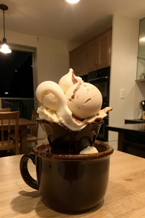 A bowl of ice cream with three flavors and chocolate sauce on top.
home environment.
Imagem realista. Natural. Real There are no people in the photo A simpler image. Make it look like an everyday photo. Tirada com um celular. 
It&#39;s night now. The glass...