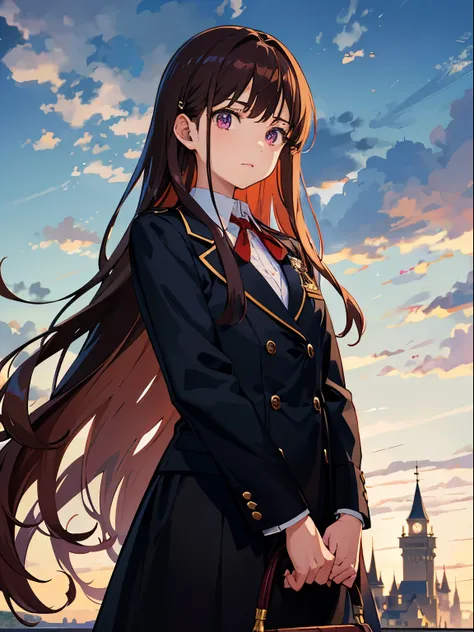 Brown hair long hair、Navy blue blazer school uniform with red ribbon、Reddish-purple eyes、 1girl in, (full bodyesbian), O cabelo multicolorido, castle in the distance, Beautiful road, blue sky and vague clouds/ 浅笑, ghibli-like colors, ghibli-like colors, gh...