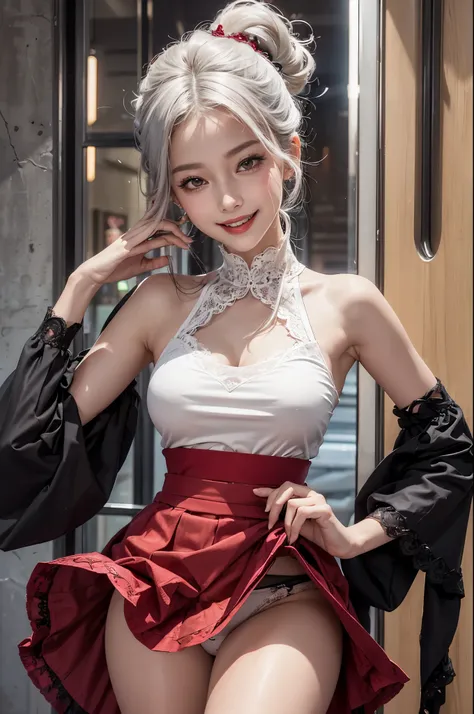 Photorealistic, High resolution, 1womanl, Solo, hips up high, view the viewer, (Detailed face), White hair, Long hair, Red Maid Outfit, Jewelry、）((off shoulders)）、（((Skirt up))）、）（(up skirt)）（（Black lace panties visible））,((A smile))