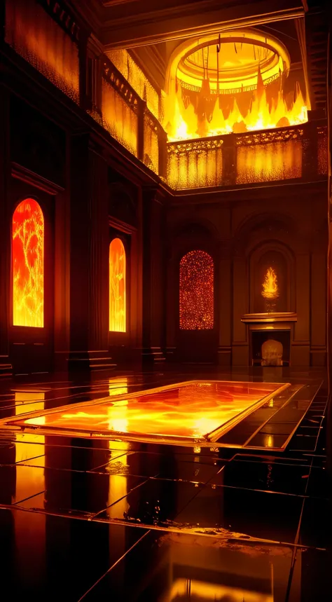 A giant golden room with a lava Forge in the middle ,  seeping lava and heat , Realistic , Atmospheric , Warm colors , reflective floor