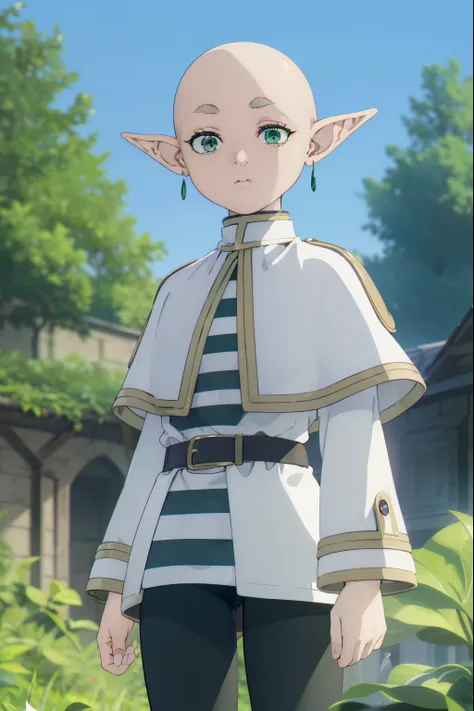 masterpiece, hd, frieren, frieren, bald heads, bald, (bald:1.0),  (green eyes:1.5), pointy ears, elf, shirt, long sleeves, jewel...