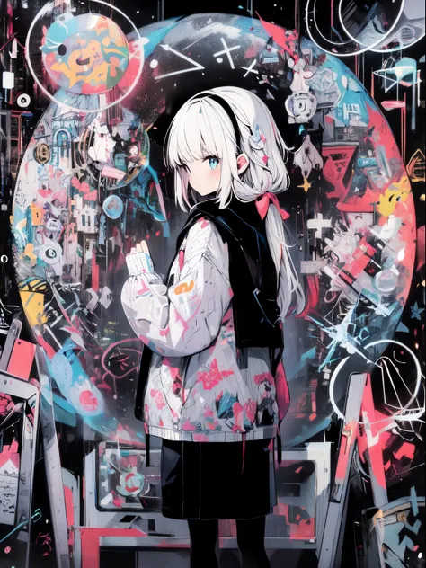 A stylized illustration of a girl with white hair and a patterned sweater, set against a backdrop filled with graffiti and cosmic imagery. BREAK The girl is viewed from behind with a slight turn of her head, providing a glimpse of her profile. BREAK The ch...