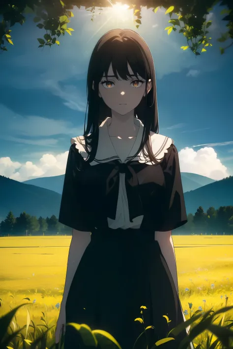 ((((Obra maestra, La mejor calidad, ultrahigh resolution)))), beautiful girl, standing in an open field, (((wearing school uniform))), (long black hair hair in view, in frame), pale skin, ((brown eyes)), (ultra detailed eyes:0.7, beautiful and detailed fac...