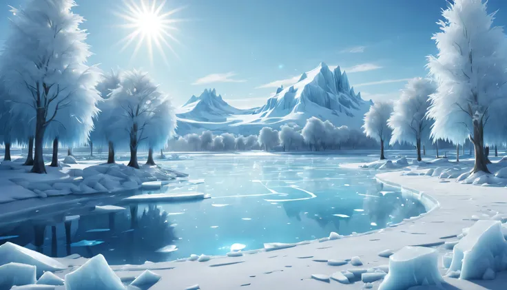 laguna de hielo, snow covered trees, sunny day, base de hielo, Final design, Obra maestra, Hiperrealista