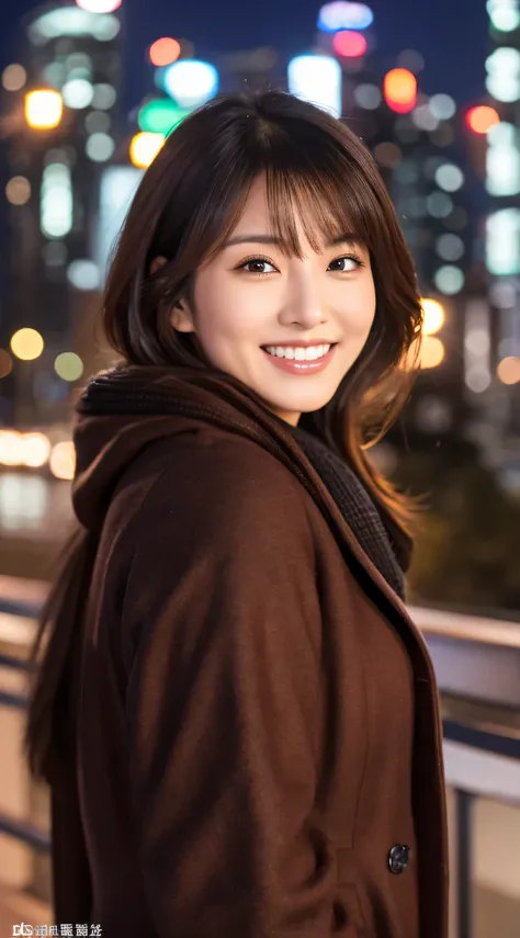 Highest resolution, 4K, Masterpiece: 1.3), A Japanese milf, photo of one lady, Sexy: 1.1, fine eyes, Slender figure, Realistic teeth, smile, double eyelids, full body, best quality, detailed, beauty, night, at the city, illumination, winter