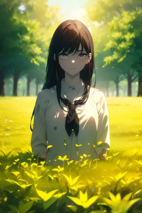 ((((Obra maestra, La mejor calidad, ultrahigh resolution)))), beautiful girl, standing in an open field, ((wearing school uniform)), (long black hair hair in view, in frame), pale skin, (brown eyes), ((ultra detailed eyes:0.7, beautiful and detailed face, ...