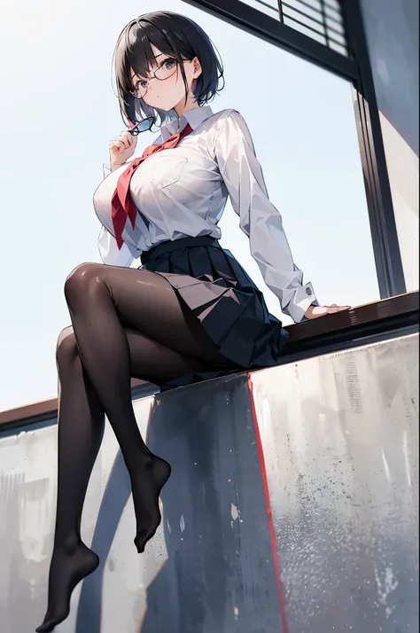 1 Japanese girl, glasses, blush, full body, sitting, angle from the side, (slim body:1.2), (huge breasts:1.1), (slender legs:1.1), short hair, black hair, school uniform, white long sleeve shirt, pleated skirt, (black tights:1.1),