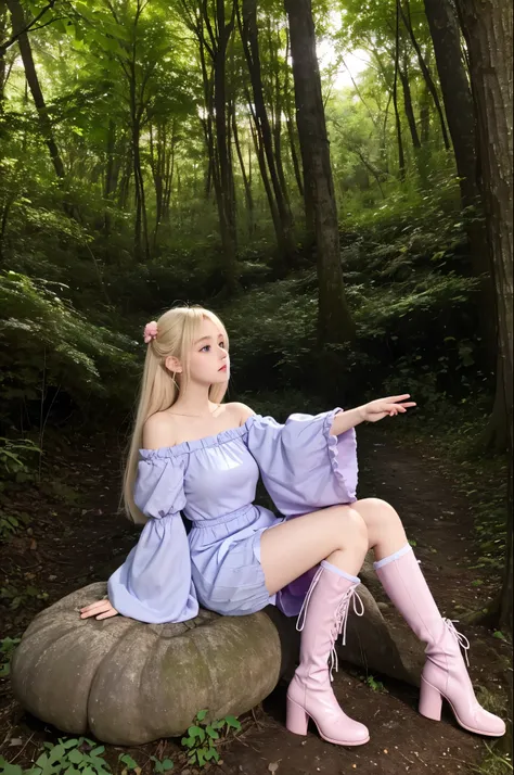 Light blonde anime girl，light blue purple eyes，Wearing a pink off-shoulder dress with puffy sleeves and knee-high white boots，Sitting in the woods，Next to orange mushrooms，surrounded by fireflies，Sitting under the stars