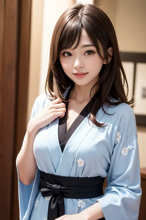 the cutest girl who works as a gravure idol、with shiny brown hair、show off your charm with taisho pattern kimono。she's full of c...