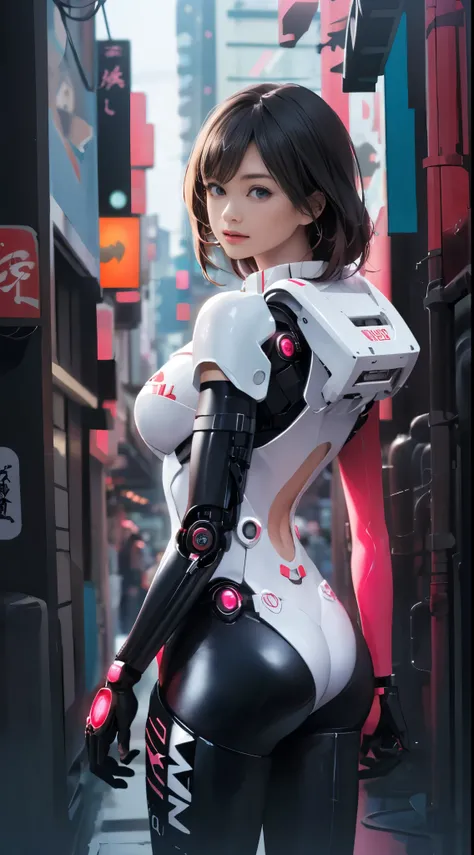 (highest qualityr:1.4 )、Mirai, cyberpunked、large buttockss、arrodillarse、Electronic visor attached to the face of a 12-year-old girl with emphasis on the buttocks、(minifalda mostrando bragas Blanco:1.4)  ,Mirai Red latex body,Moda cyberpunk、Pose sexy、(Usar ...