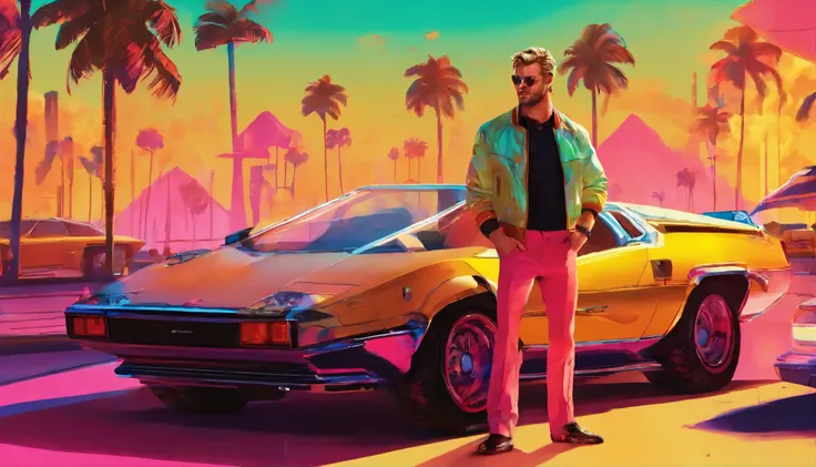 A photorealistic portrait of Chris Hemsworth, styled in a Miami Vice-inspired look, captured by Austin English in his signature minimalist style. Hemsworth wears a cobalt white button-down shirt and matching bomber jacket, the color echoing the Miami sky b...