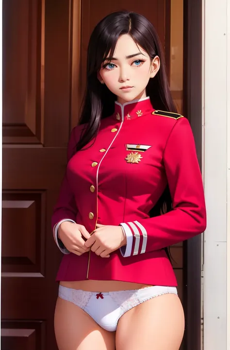 1girl in, sayla mass, Elegant, masutepiece, Convoluted, Army pink uniform dress with a super miniskirt so short you can almost see your pants...、Pure white panties、Please squat down and show me your white panties...、Super miniskirt You can see the pants in...