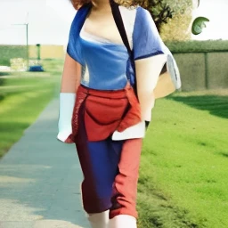 the woman with glasses on her head wears a blue shirt and red trousers