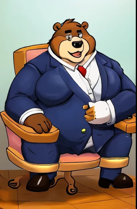 fat obese bear sitting in a chair eating a hot dog wearing a suit