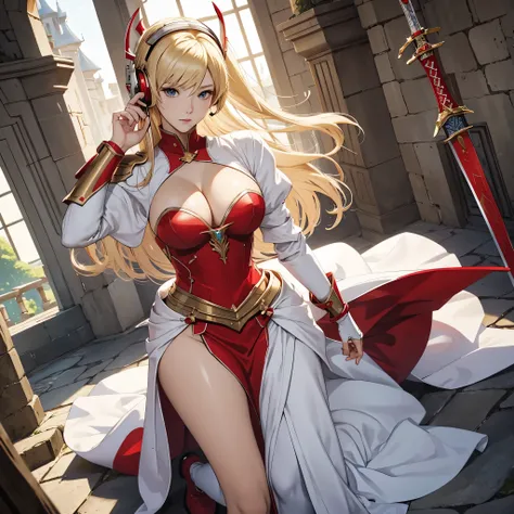 Masterpiece, best quality, White headphone, blonde, Korean woman, tall, slender, Female Knight, red gauntlet, red boots, Sword, beautiful face, beautiful hand, anime pastel, cleavage, Castle