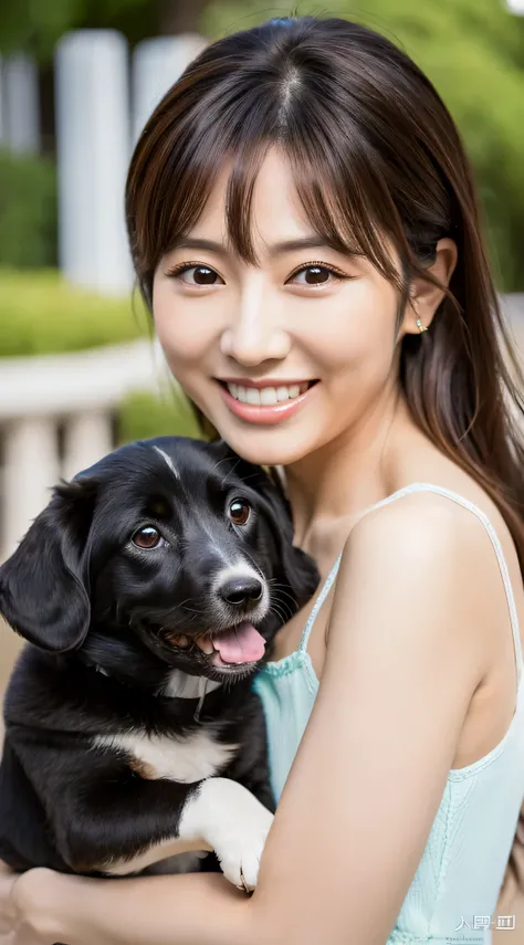 Highest resolution, 4K, Masterpiece: 1.3), A Japanese milf, photo of one lady, Sexy: 1.1, fine eyes, Slender figure, Realistic teeth, smile, double eyelids, full body, best quality, detailed, beauty, hug a dog