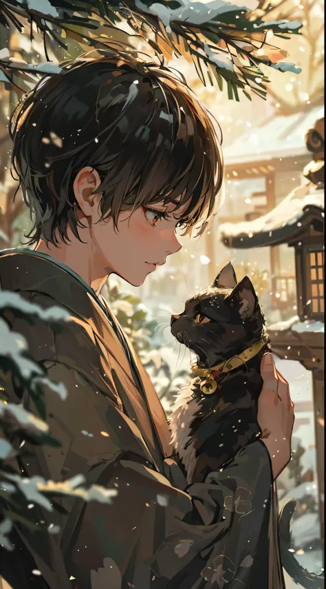 Handsome young man celebrating new year in traditional Japanese atmosphere. The moment just before picking up a black cat and kissing it. quiet garden covered in snow. In the garden there is a small pine tree and a snow-capped stone lantern., Softly illumi...