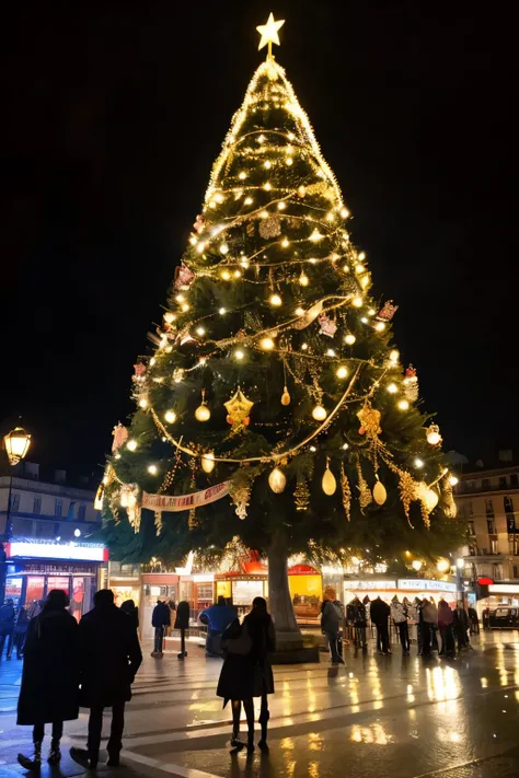 ((Best quality at best)), ((tmasterpiece)), (movie aesthetic:1.4) Huge Christmas tree in Paris bokeh city night photo