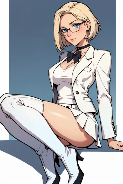 female, short straight blonde hair, blue eyes, white suit jacket, white skirt, long white high heel boots, black choker, no t shirt, medium boobs, glasses, blushing