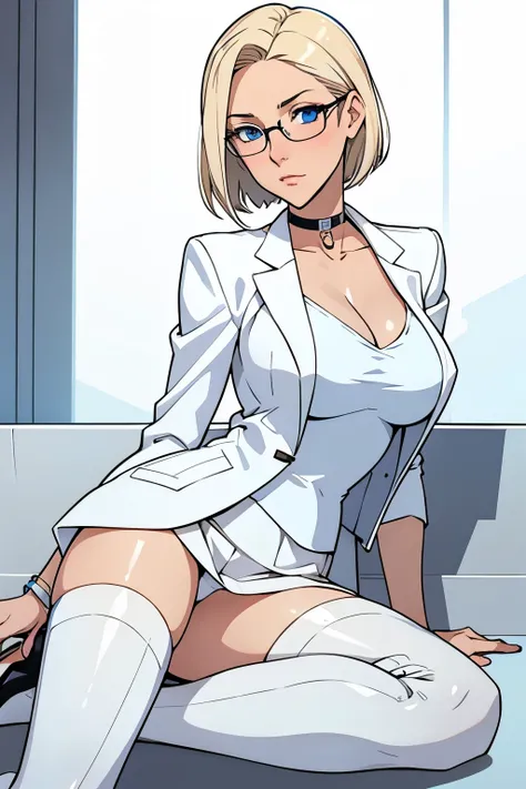 female, short straight blonde hair, blue eyes, white suit jacket, white skirt, long white high heel boots, black choker, no t shirt, medium boobs, glasses, blushing